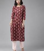 Wine printed cotton kurti-trouser