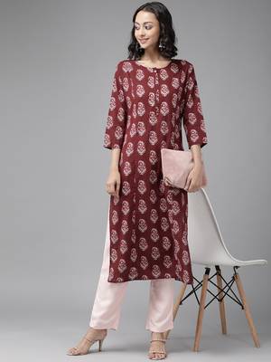 Wine printed cotton kurti-trouser 4