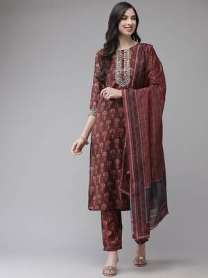 Maroon printed cotton kurta-suits 1
