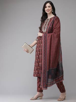 Maroon printed cotton kurta-suits 3