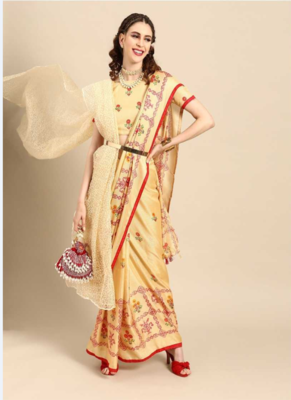 Kimisha Women's Cream Jute Silk Mirror Work Saree With Blouse Piece 1