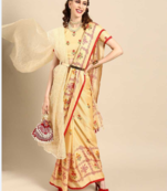 Kimisha Women's Cream Jute Silk Mirror Work Saree With Blouse Piece