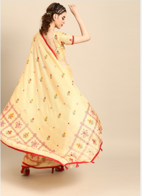 Kimisha Women's Cream Jute Silk Mirror Work Saree With Blouse Piece 2