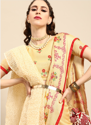 Kimisha Women's Cream Jute Silk Mirror Work Saree With Blouse Piece 3
