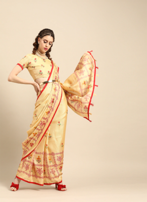 Kimisha Women's Cream Jute Silk Mirror Work Saree With Blouse Piece 4