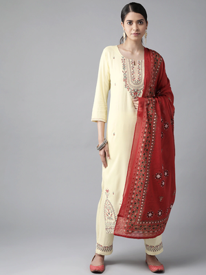 Cream embroidered cotton kurta-suits 3