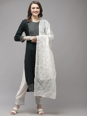Dark-green plain rayon kurta-suits 1