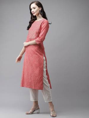 Red embroidered cotton kurti-trouser 3