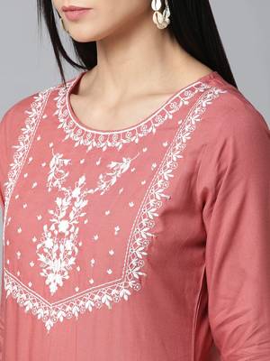 Pink embroidered rayon kurta-suits 4