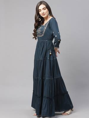 Teal-green plain cotton ethnic-kurtis 3