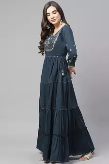 Teal-green plain cotton ethnic-kurtis