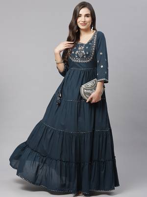 Teal-green plain cotton ethnic-kurtis 5