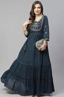 Teal-green plain cotton ethnic-kurtis