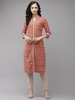 Peach printed cotton kurti-trouser 1