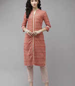 Peach printed cotton kurti-trouser