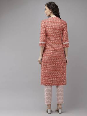 Peach printed cotton kurti-trouser 2