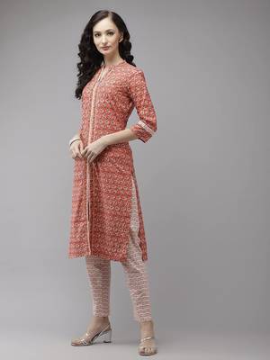 Peach printed cotton kurti-trouser 3