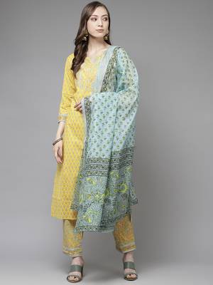 Yellow printed cotton kurta-suits 1
