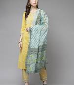 Yellow printed cotton kurta-suits