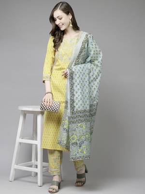 Yellow printed cotton kurta-suits 3