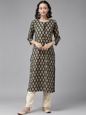 Teal-green printed cotton palazzo-kurta 1