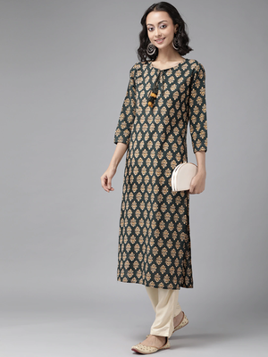 Teal-green printed cotton palazzo-kurta 3