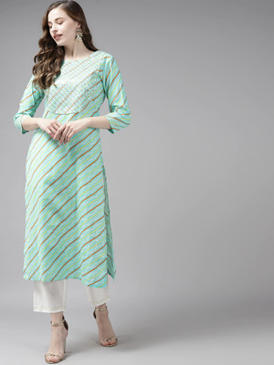 Sea-green printed cotton palazzo-kurta 1