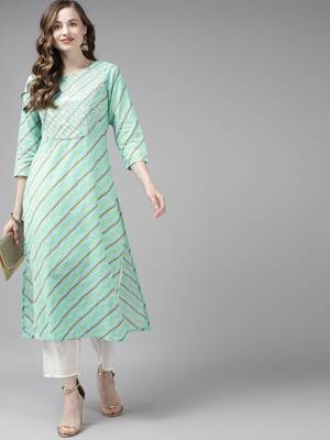Sea-green printed cotton palazzo-kurta 3