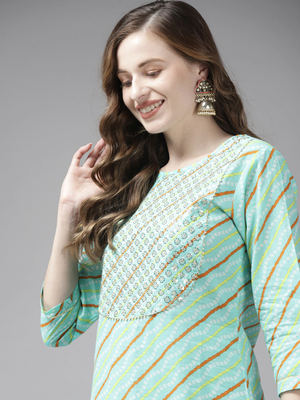 Sea-green printed cotton palazzo-kurta 4