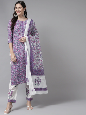 Lavender printed cotton kurta-suits 1
