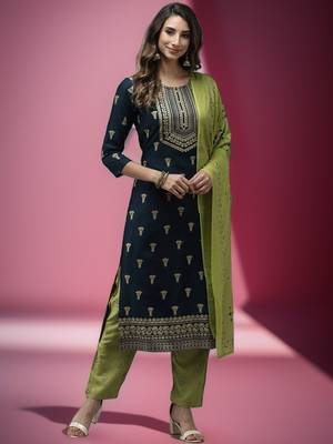 Blue embroidered rayon kurta-suits 1