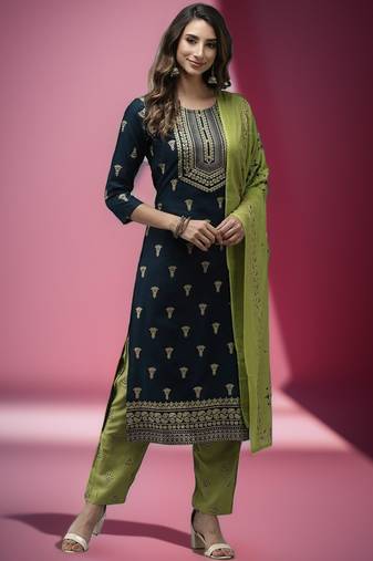 Blue embroidered rayon kurta-suits