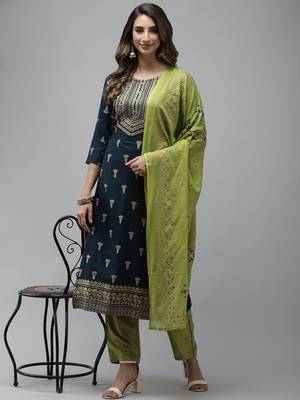 Blue embroidered rayon kurta-suits 3
