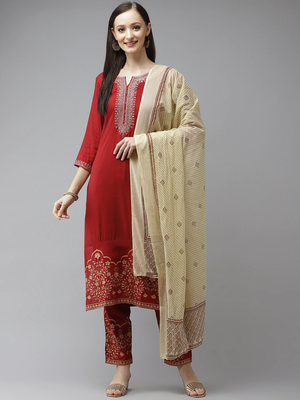 Maroon embroidered rayon kurta-suits 1
