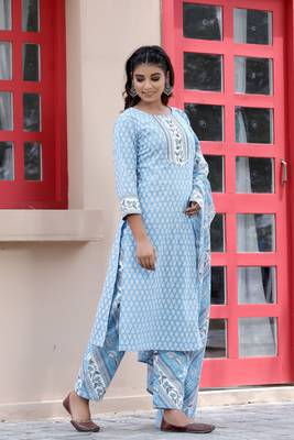 Blue printed cotton kurta-suits 1