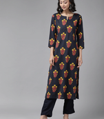Navy-blue printed cotton palazzo-kurta