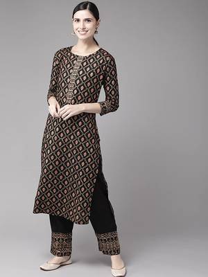 Black printed rayon kurti-trouser 1