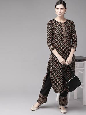 Black printed rayon kurti-trouser 3
