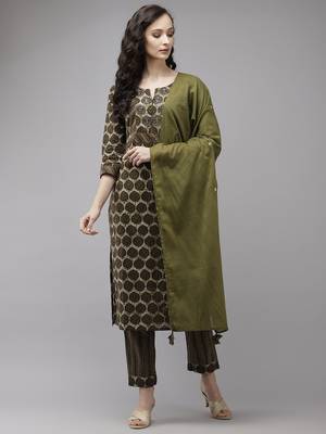 Olive printed cotton kurta-suits 1