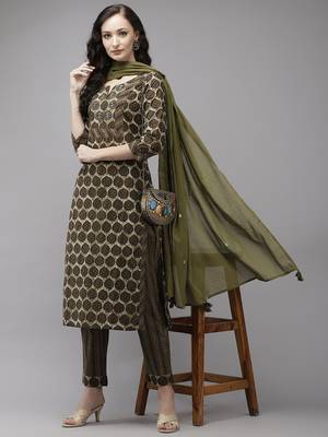 Olive printed cotton kurta-suits 3