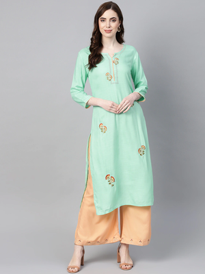 Sea-green embroidered rayon palazzo-kurta 1
