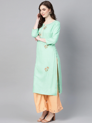 Sea-green embroidered rayon palazzo-kurta 3