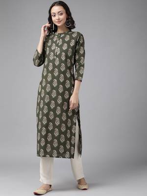 Green printed cotton pant-kurta set 1