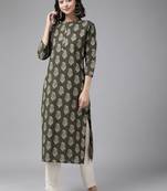 Green printed cotton pant-kurta set