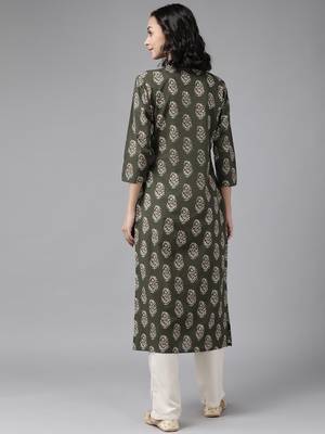 Green printed cotton pant-kurta set 2