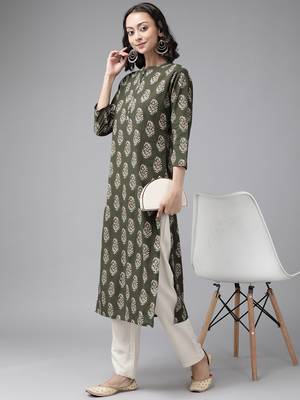 Green printed cotton pant-kurta set 3