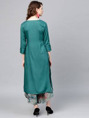 Teal-blue plain rayon palazzo-kurta 3