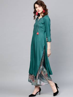 Teal-blue plain rayon palazzo-kurta 4
