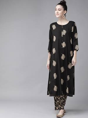 Black printed rayon kurti-trouser 1