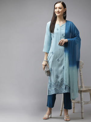 Sky-blue embroidered rayon kurta-suits 1